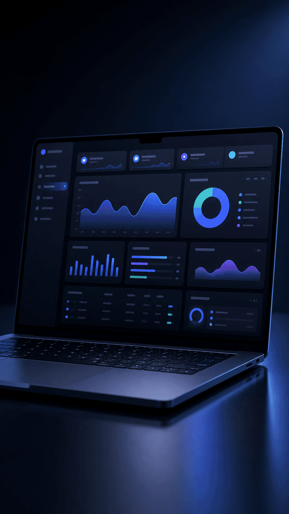 Fictional SaaS dashboard on a laptop screen with abstract charts.