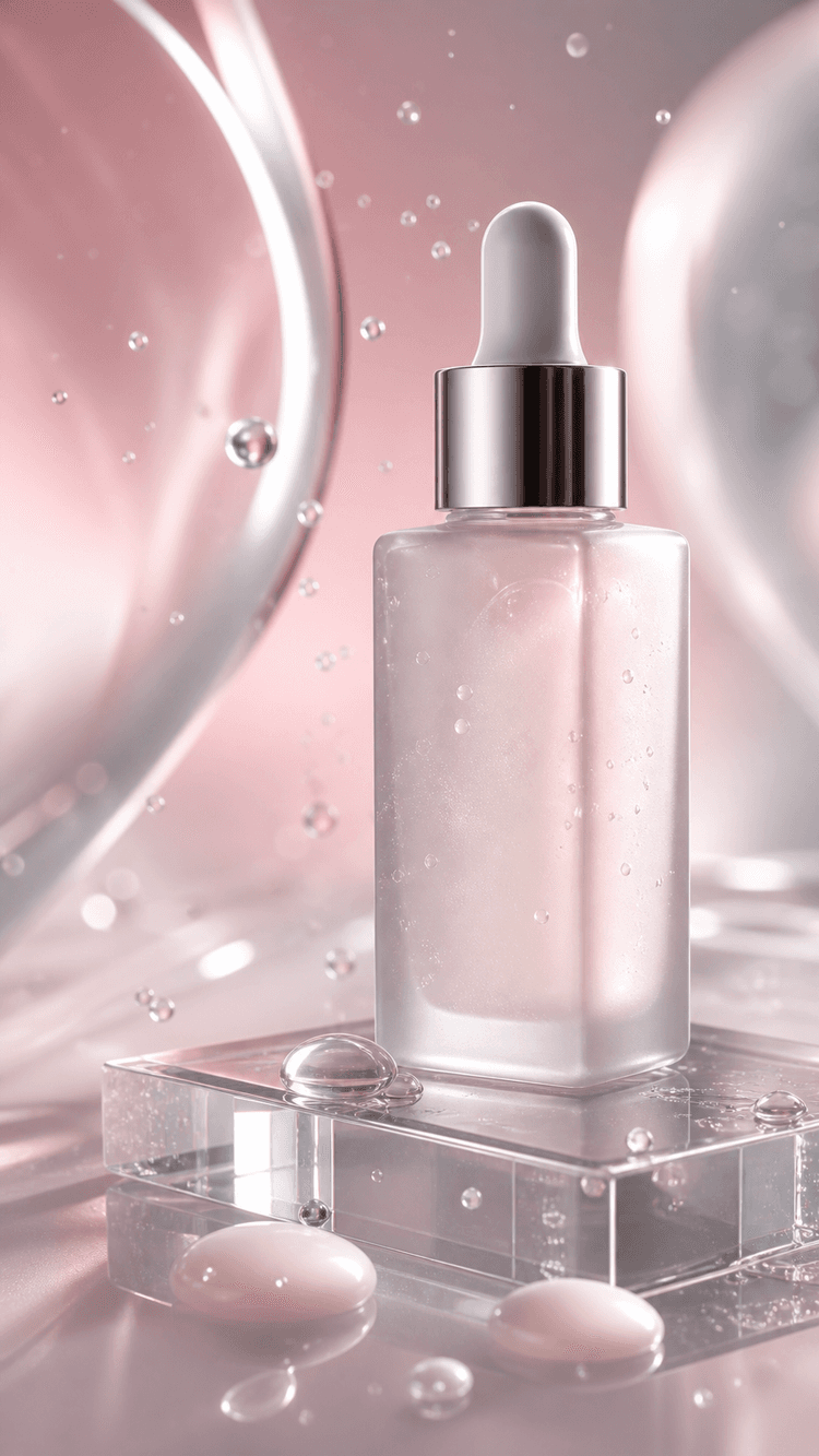 Unbranded frosted glass beauty serum bottle on acrylic with soft pink lighting.