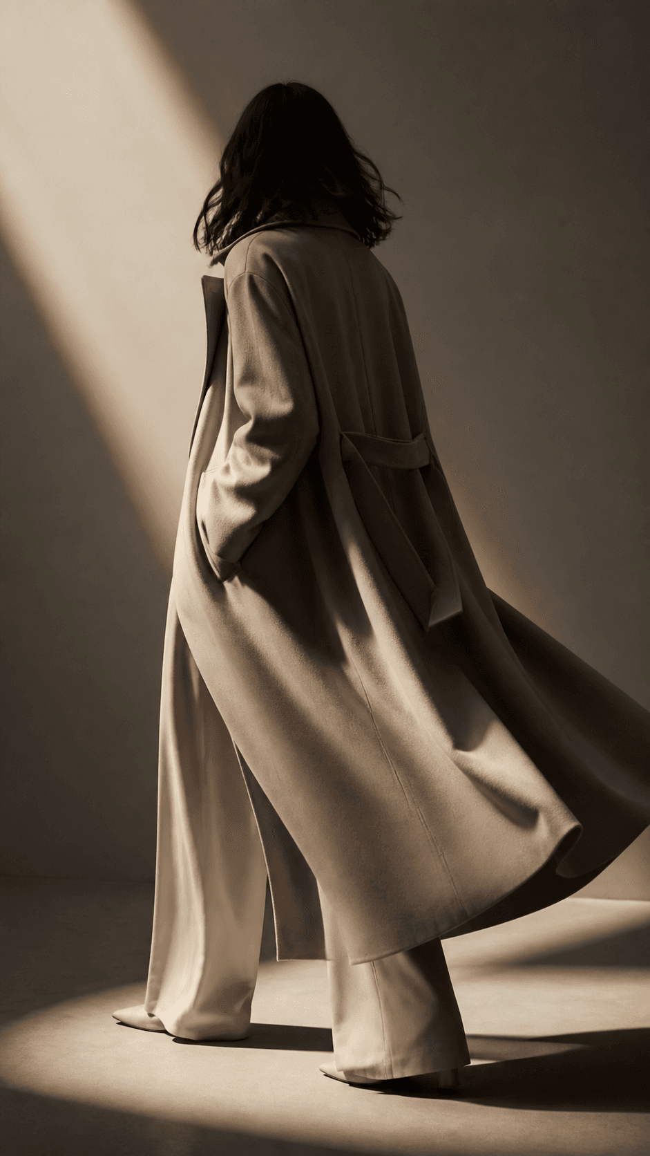 Unbranded fashion silhouette in a minimalist studio with dramatic side light.