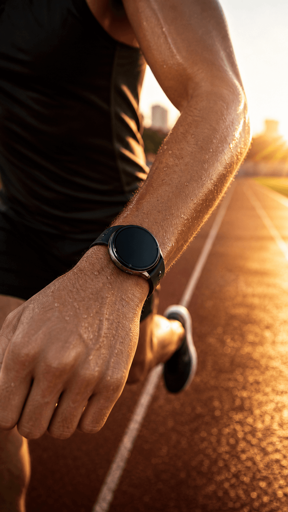 Unbranded fitness wearable on a runner wrist at sunrise.