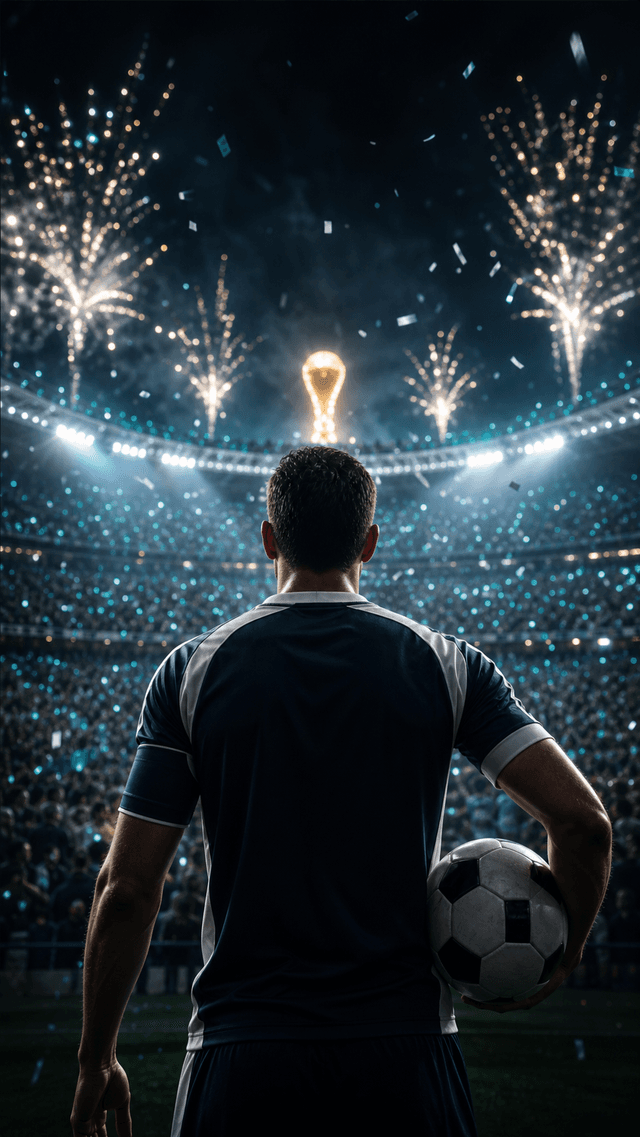 Fictional football captain seen from behind in stadium lights with blue and white crowd colors.